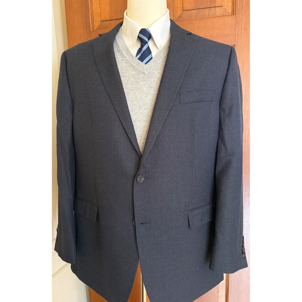 Chaps Houndstooth‎ Sport Coat Mens 46L Blue Two-Button Blazer Jacket Preppy